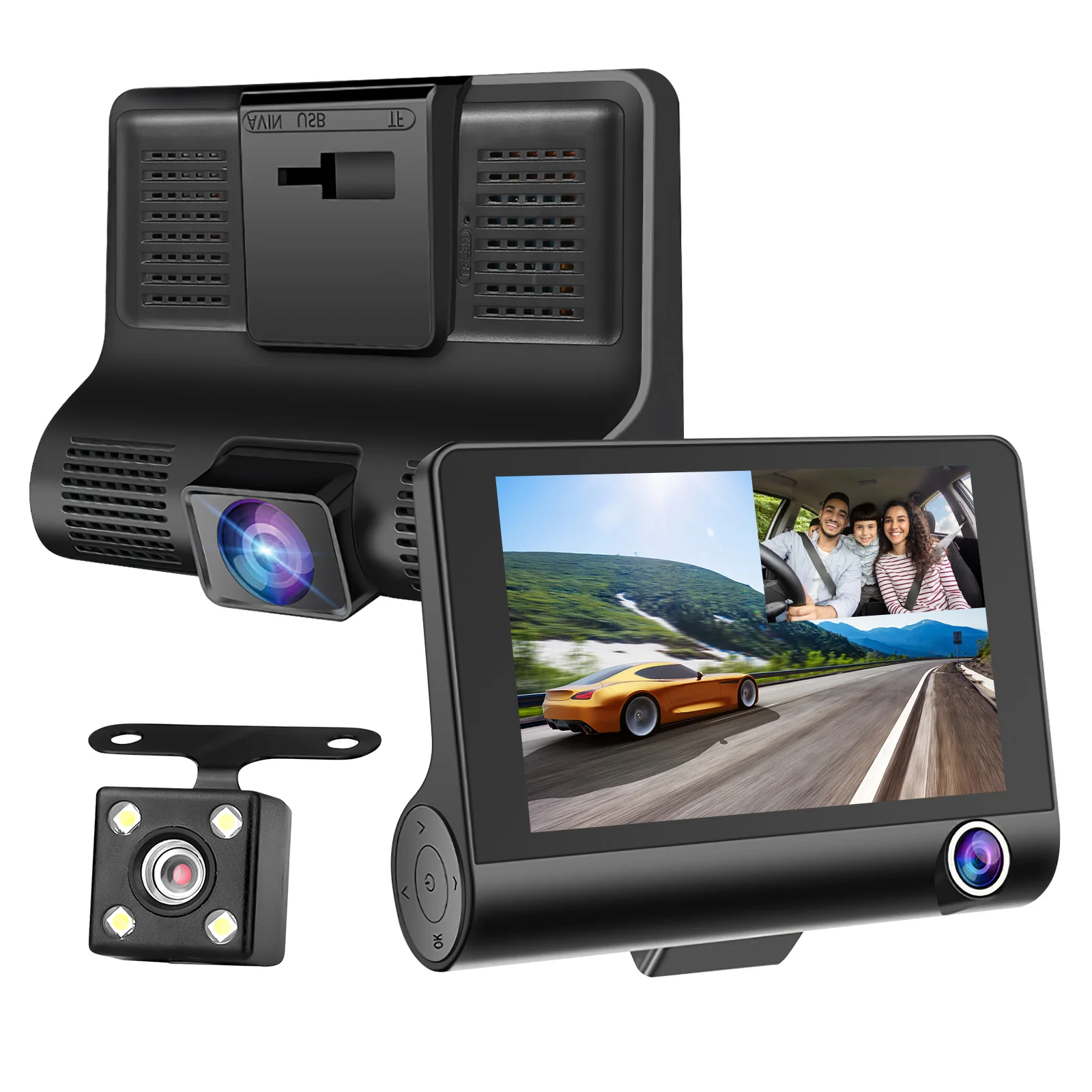 

Dash Cam 4 Inch 3 Cameras Wide Angle Night Vision Loop Recording Car Driving Recorder Backup Camera