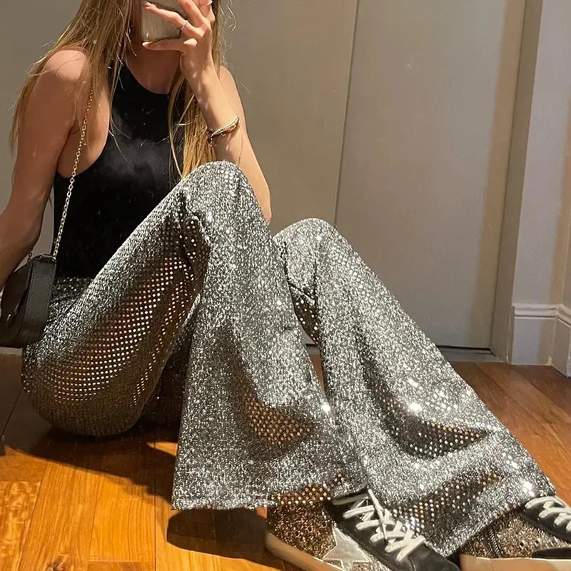 

HOUZHOU Sequins Flare Pants Women Bootcut Elegent Bell Bottoms Flared Trousers Female High Waist Streetwear Harajuku Party Club