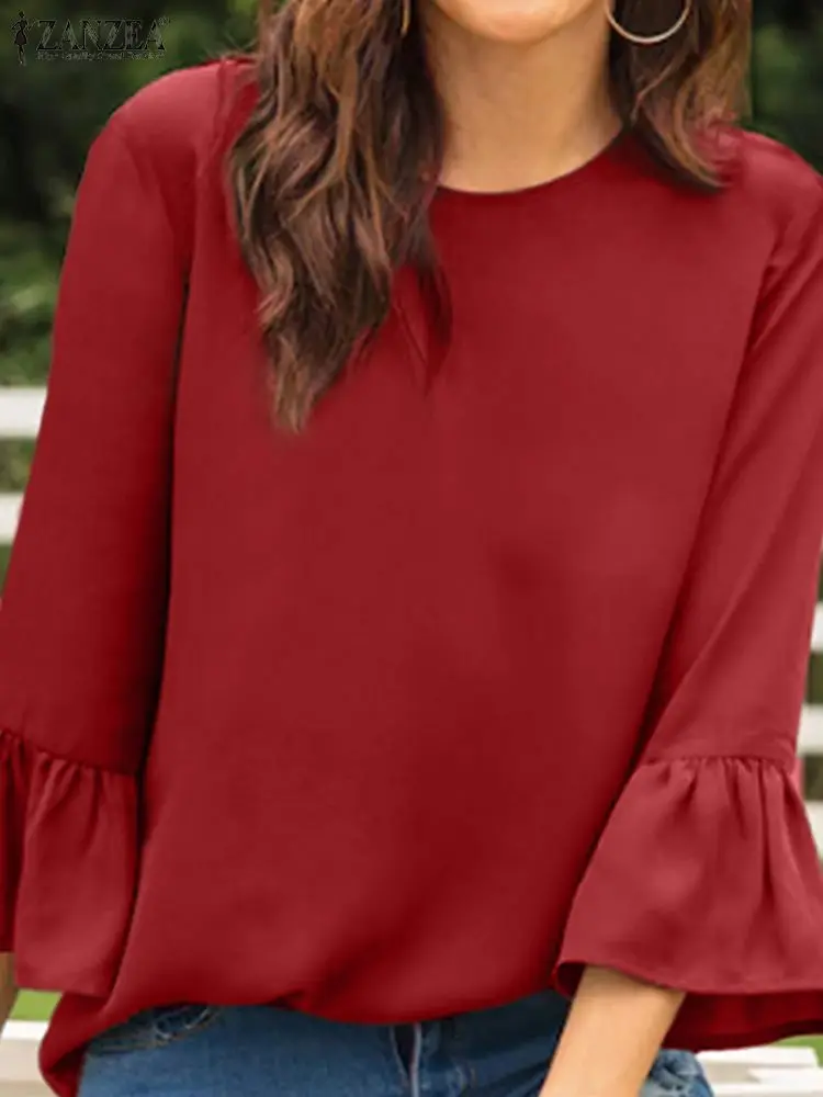 

Коллекция 2022 года, женские топы ZANZEA с коротким рукавом и круглым вырезом, женская летняя однотонная блузка с оборками, Модная элегантная пов...
