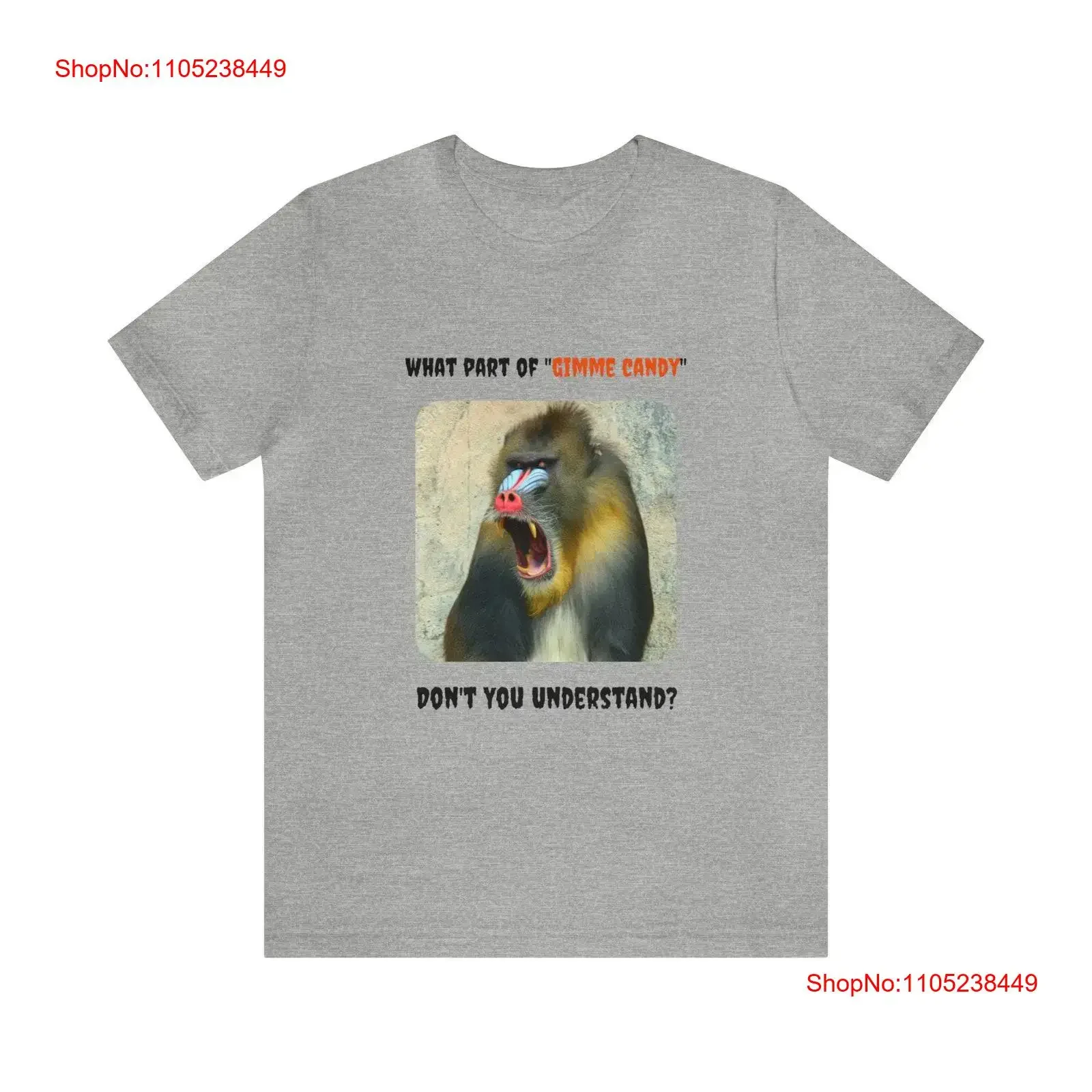 Фото Футболка-джерси на Хэллоуин с надписью «What Part of 'Gimme Candy' Don't You Understand Snarling Baboon 10 Fun Facts Back», винтажная, с эффектом потертости №1