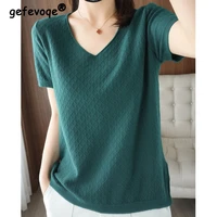 summer solid color elegant fashion knitting lady pullover v neck oversized aesthetic t shirt female sweat chic casual tops women