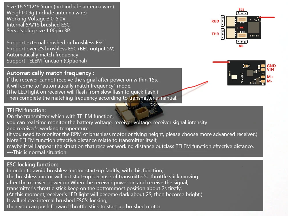 Мини-приемник AEORC RX14, встроенный матовый ESC 5A1S для микро-комнатных самолетов, поддержка S-FHSS DSMX2 Frsky-D16 TELEM (art.: 3920d228cd511) - 3920d228cd511