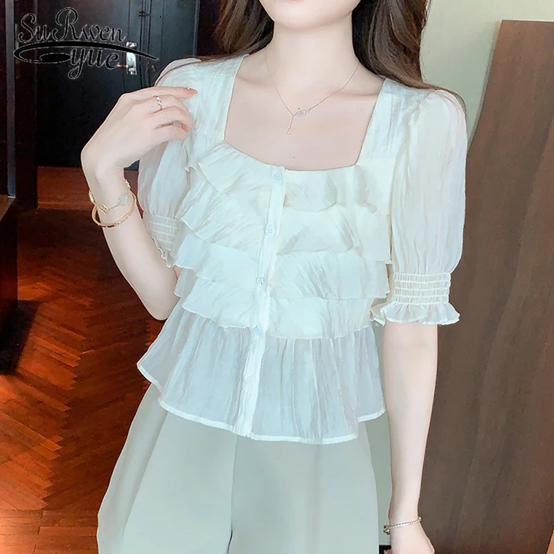 

New Fashion French Chic Women's Shirts Casual Sweet Chiffon Short Sleeve Blouse Women Buttons Summer Tops Clothes Blusas 22148