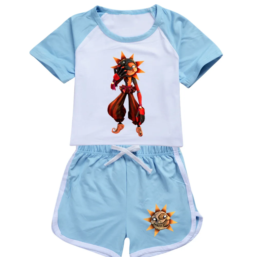 

Комплект летней одежды для мальчиков и девочек, детская спортивная футболка и штаны FNAF с солнцем и клоуном, комплект из 2 предметов, детская одежда, наряды, пижамы