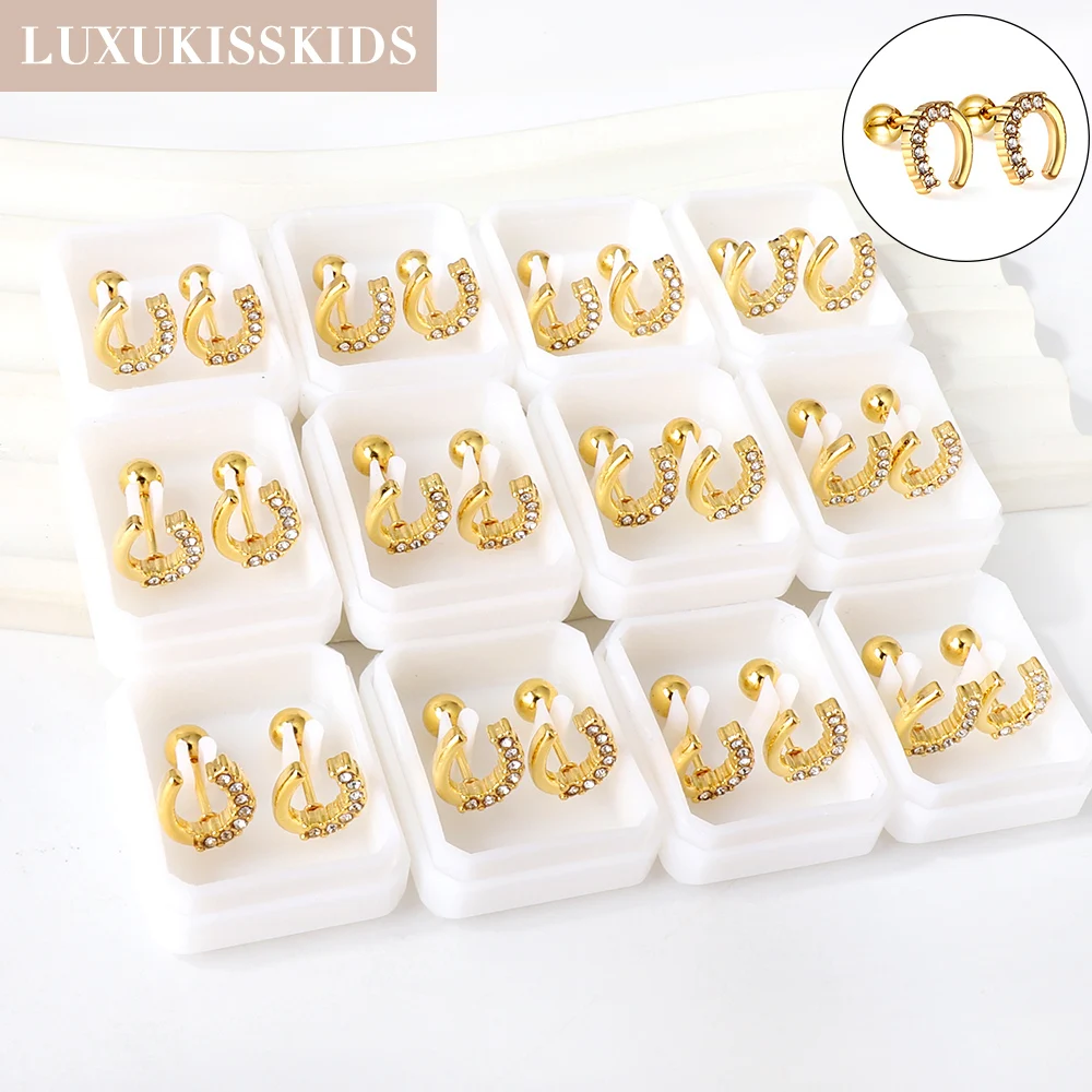 

LUXUKISSKIDS 12Pairs Horseshoe Earrings Studs Cubic Zirconia Small Piercing Surgical Steel U Shape серьги Gold Plated Accessory