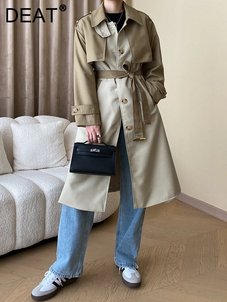 

DEAT Fashion Women's Trench Coat Belt Lapel Contract Color Single Breasted Behind Split Windbreaker Autumn 2023 New Tide 7AB429