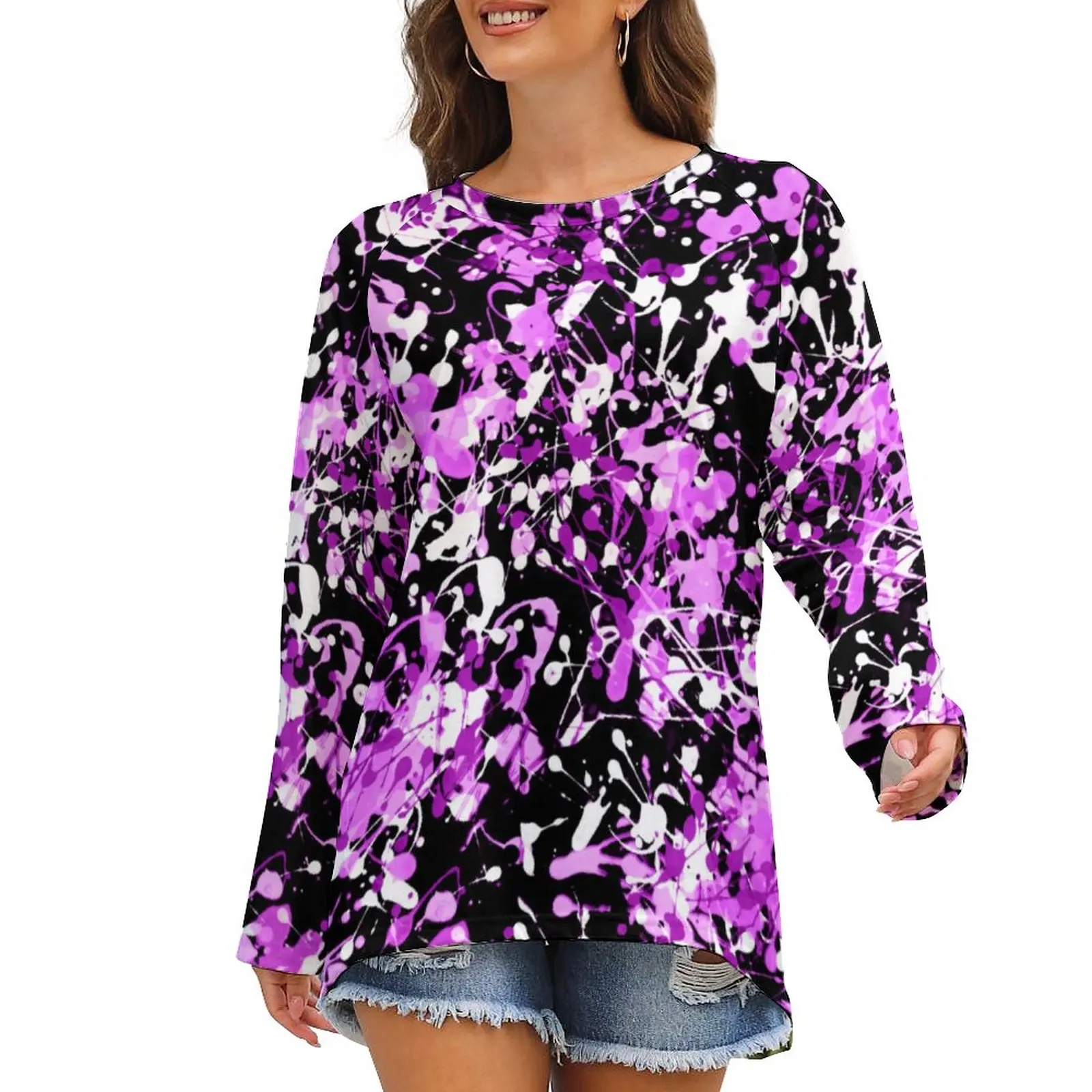 

Splatter Paint Print T-Shirt Abstract Design Casual Long Sleeve T-Shirts Printed Simple Tee Shirt Women Tees Big Size 3XL 4XL