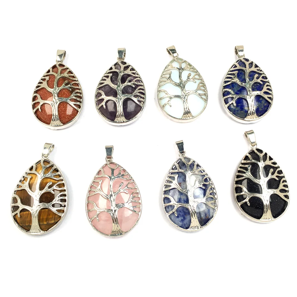 

Natural Quartz Opal Amethysts Stone Pendants Handmade Handmade Tree of Life Wrapped Drop Shaped Crystal Pendant Necklace 26x40mm