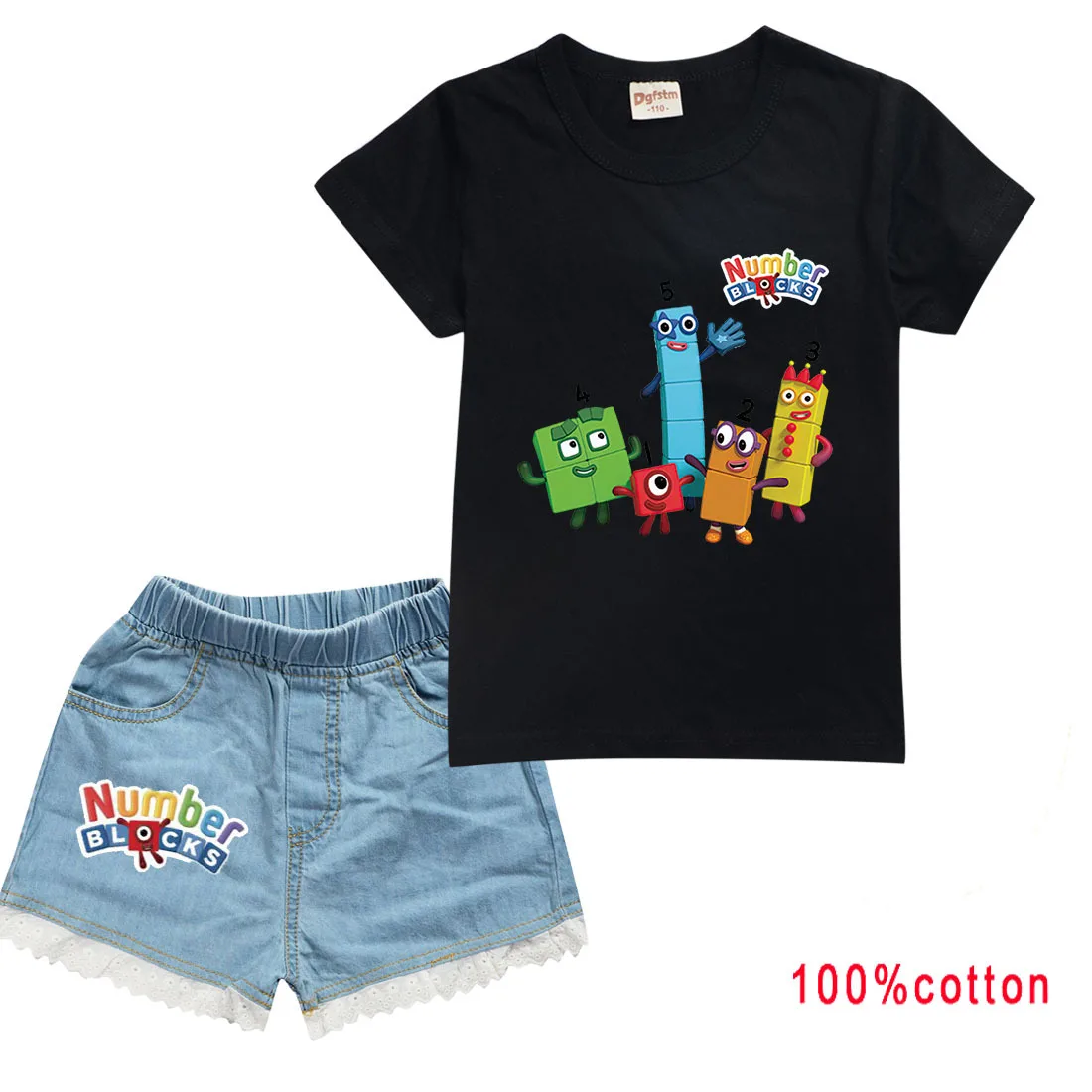 

Kids Short Sleeve Sportsuit Number Blocks Costume Baby Girls Cotton T-shirt+Denim Shorts Toddler Boys Clothing Summer Outfits