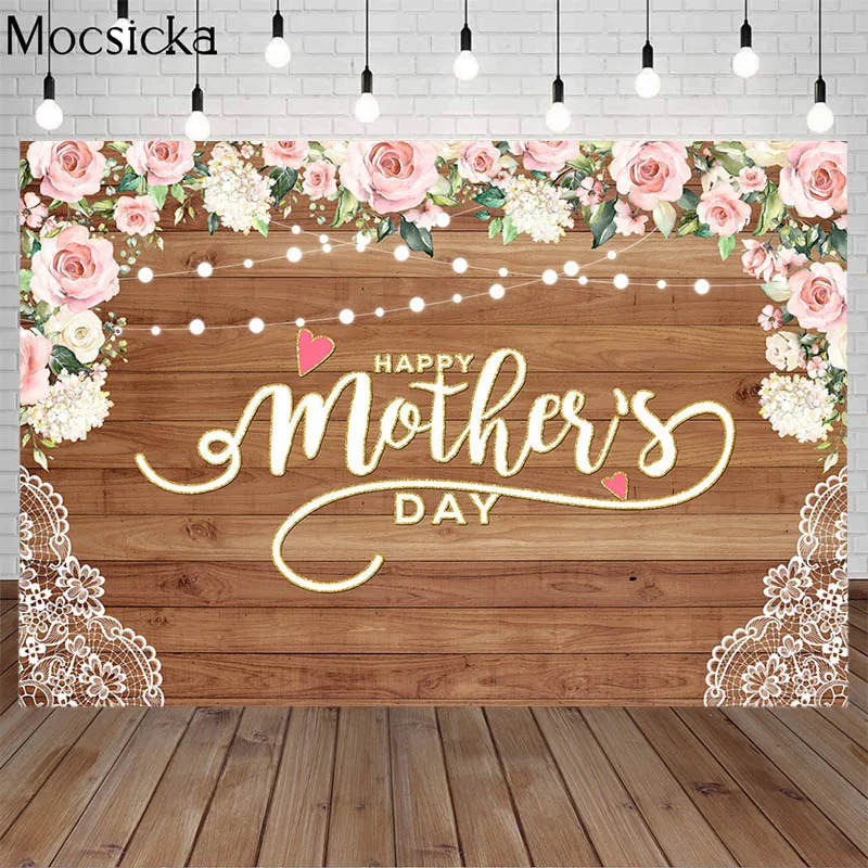 

Фон для фотосъемки на День Матери с розовыми цветами и деревенскими деревянными досками