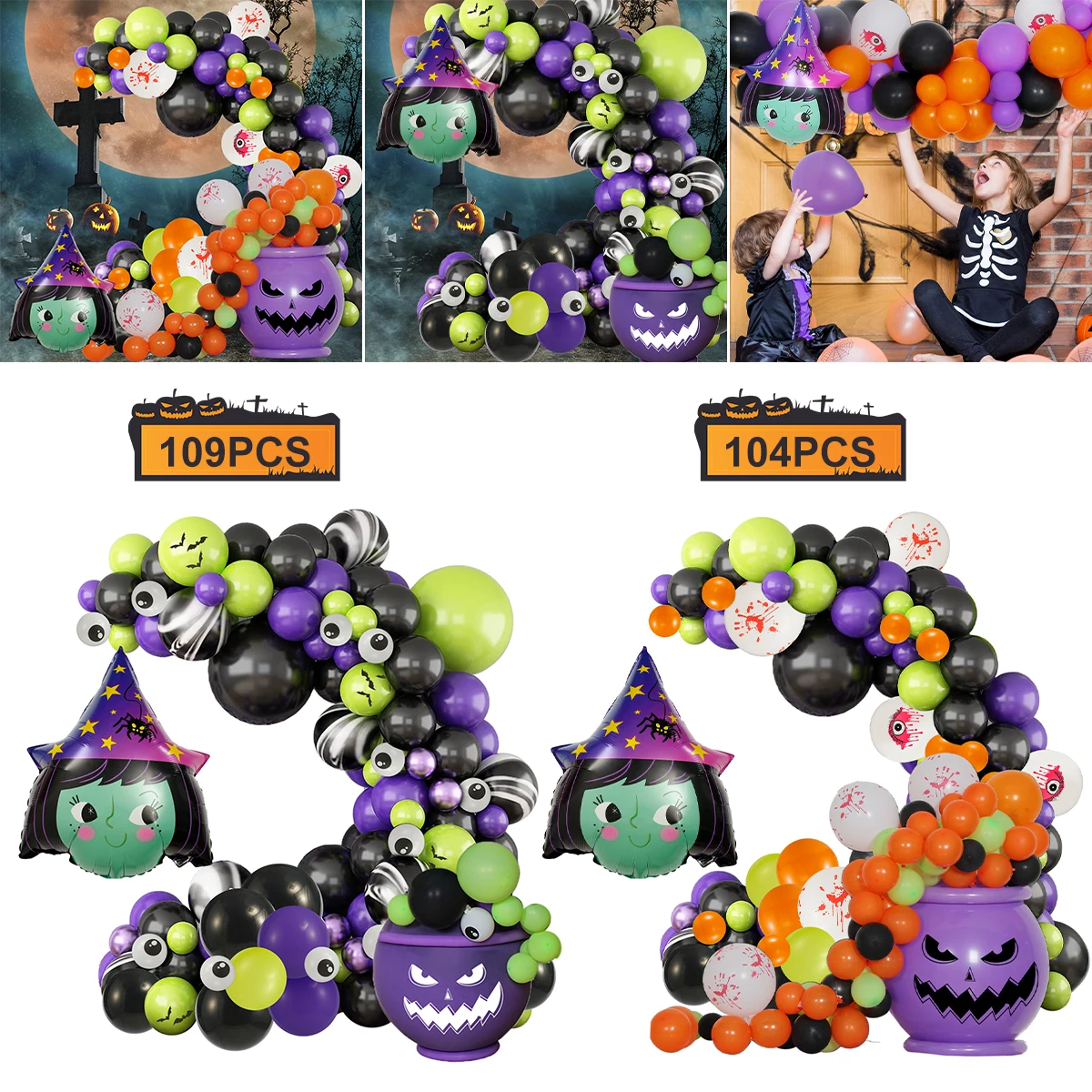 

104/109 Pcs Halloween Party Balloons Decorations Latex Black Green Orange Purple Balloons Reusable Cartoon Halloween Witch Bat