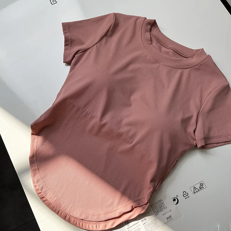 LU Sport Top Woman Ribbed Short Sleeve T Shirts Blouse Solid Padded Waist Open Sports Crop Tank Shirt Fitness Soft Gym T-shirts