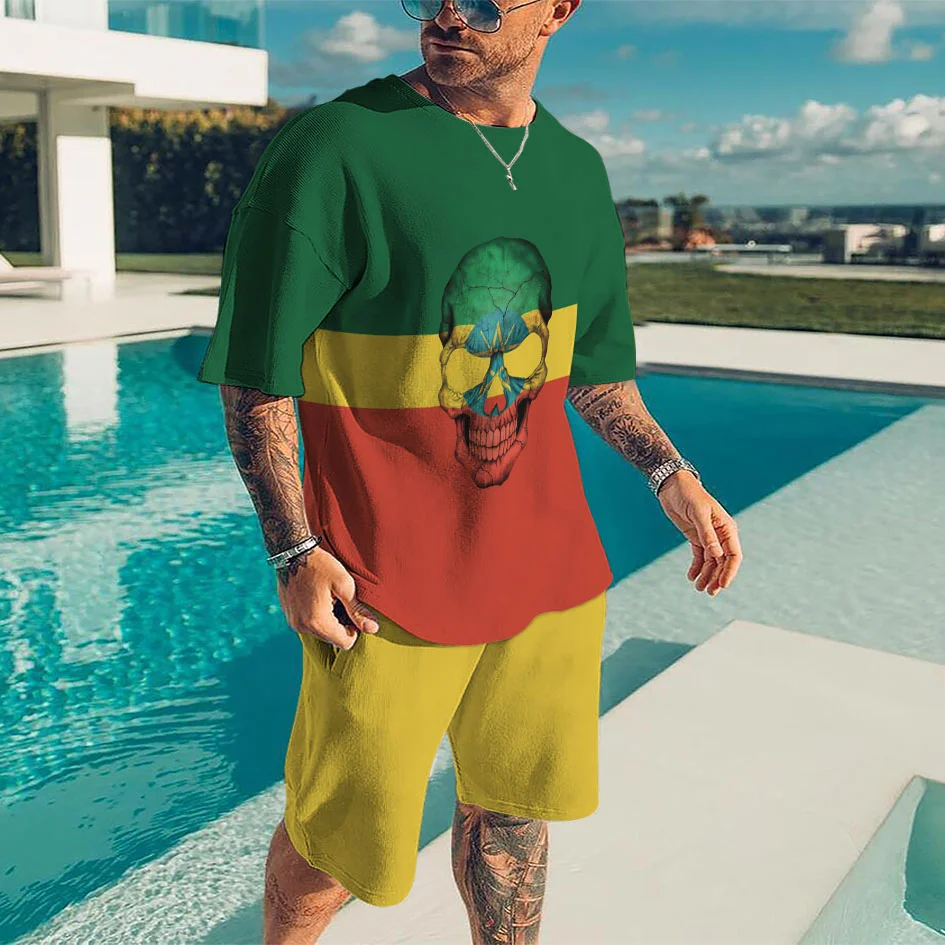 New Fashion Brand Street Hip Hop T-shirt Mens Summer Casual  Sportswear Oversized 3d Skull Print Short Sets