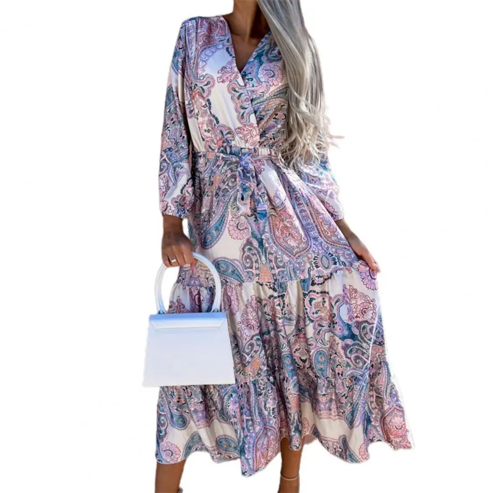 

V-Neck 3/4 Sleeve Waist Lace-up Boho Dress Retro Floral Print Ruffle Hem Party Dress Female Clothes