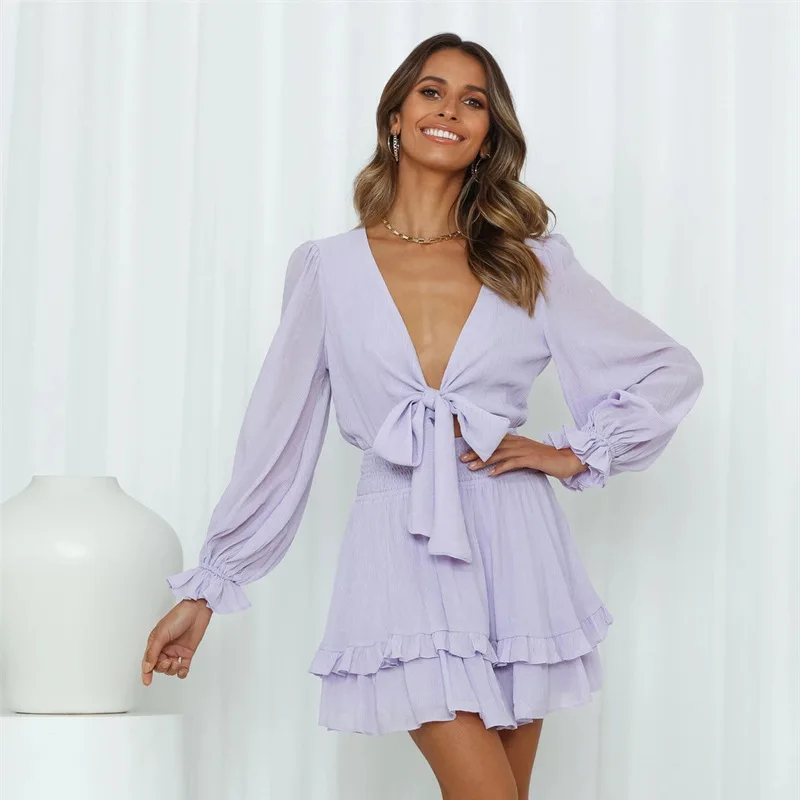 

2022 Fashion New Elegant Commuting V-Neck Dress Sexy Solid Ruffle Dress Office Ladies Elegant Long Sleeve Dress