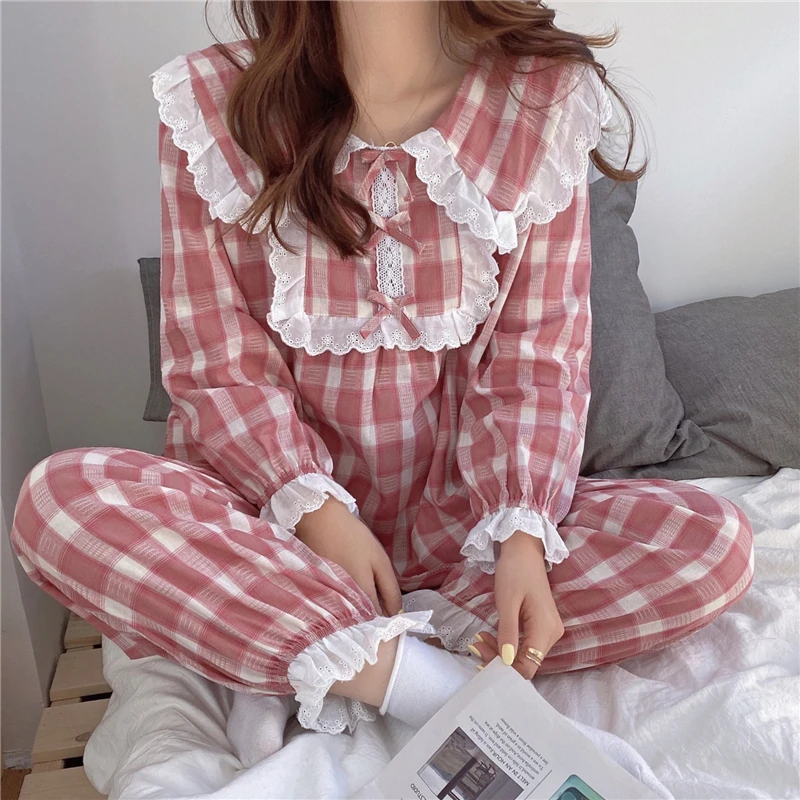 Kawaii Plaid Peter Pan Collar Autumn Home Suit Women Lace Patchwork Shirts + Trousers Set Two Piece Pajamas Set Cotton Lolita