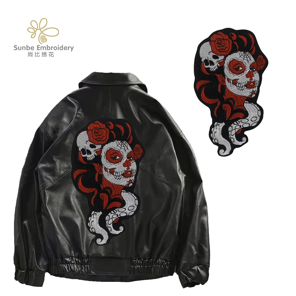Нашивка с вышивкой в виде черепа красной розы, Женская Аппликация в стиле панк, металлические нашивки для украшения одежды
