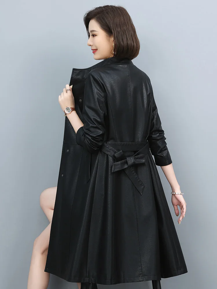 New Women Stand Collar Leather Coat Autumn Winter 2022 Casual Fashion Single Breasted Loose Slim Waist Split Leather Trench Coat