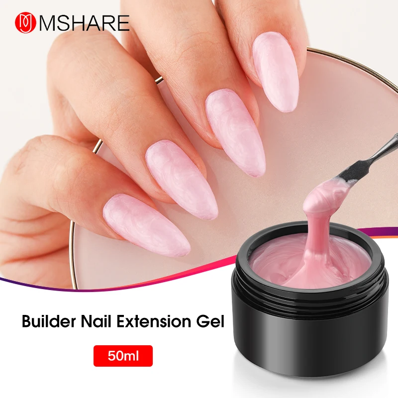 

MSHARE Glitter Self Leveling Gel for Extension Pink Shell Builder Uv Nail Gel Nude Alignment Low Burn Heat Hard Gum Gel 50g