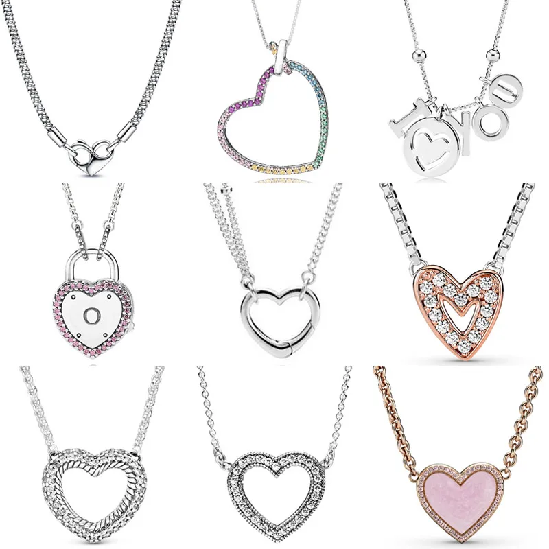 

Freehand Rainbow Heart I Love You Lock Your Promise Studded Chain Necklace For Fashion 925 Sterling Silver Charm Diy Jewelry