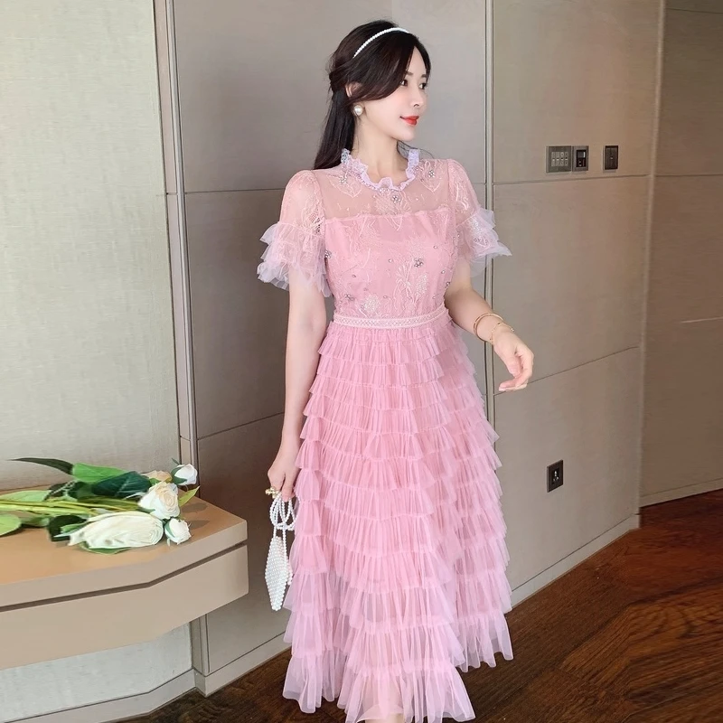 Женское платье новинка 2024 офисные милые кружевные розовые платья во французском
