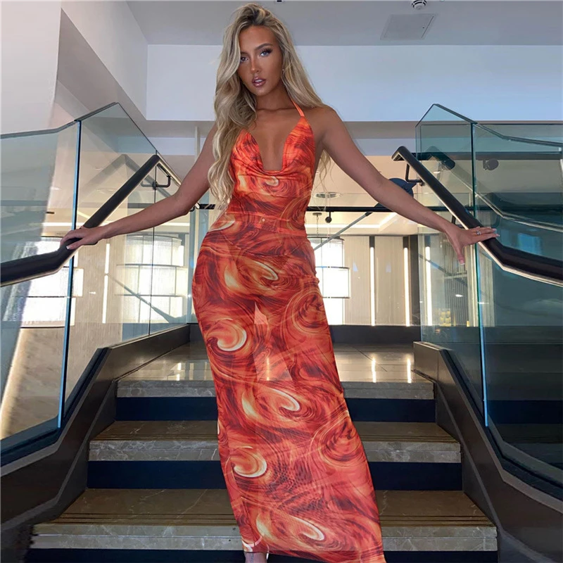 

Female Beach Swimsuit And Bikini Cover Up Women Tunic For 2022 Summer New Neck Sexy Backless Slim One Dress Print Polyester Swim