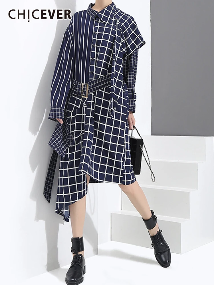 

CHICEVER Print Plaid Dress For Women Lapel Long Sleeve High Waist Colorblock Irregular Hem Midi Dresses Female Clothing Spring