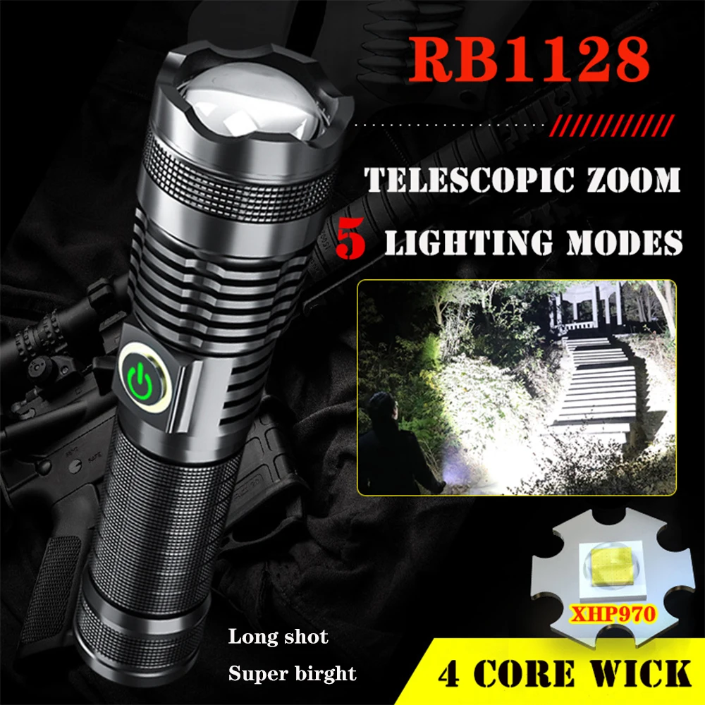 USB Rechargeable Bright LED Flashlight Zoomable 5 lighting modes Torch Waterproof 30W High Power Tactical Flashlight for Outdoor