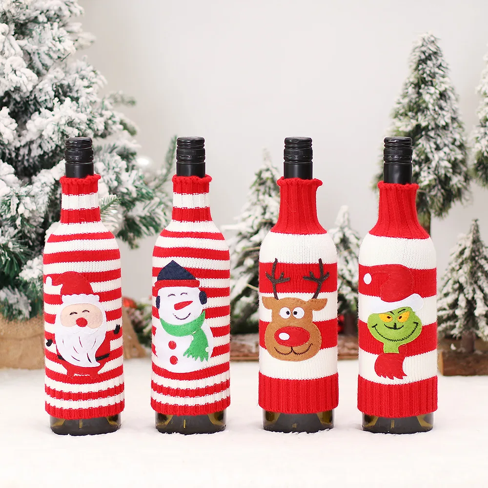 Christmas Decorations Striped Knit Wine Bottle Set Grinch Elk Bottle Bag Table Dress