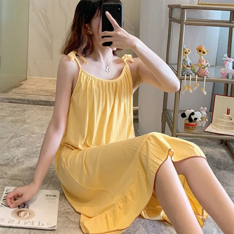 

Women Sleepwear Solid Color Nightdress Loose 2023 Summer Sleeveless Pajamas O-neck Female Sexy Sleep Dress Casual Home Wear