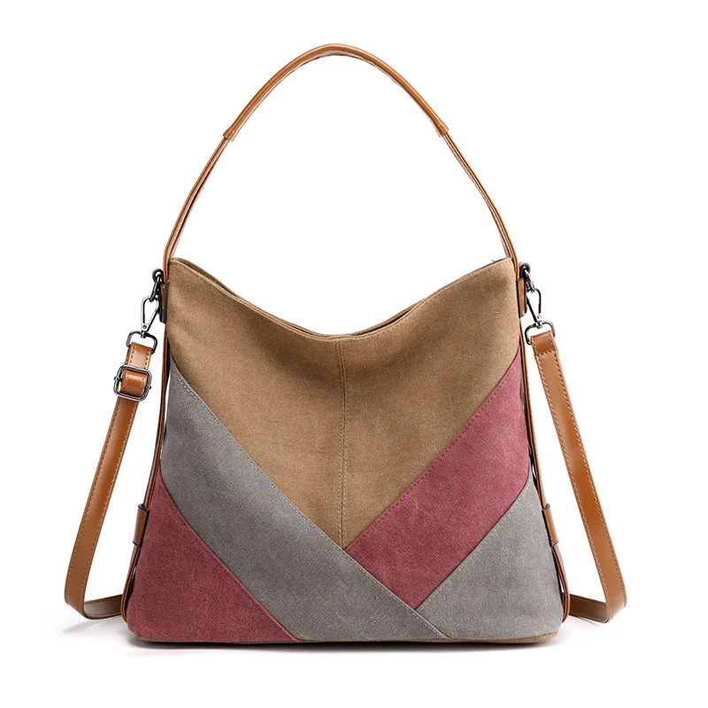 

Crossbody Shoulder Canvas Bag Stitching Large-capacity Versatile Contrast Color Commuter Women's Bag Canvas Handbag