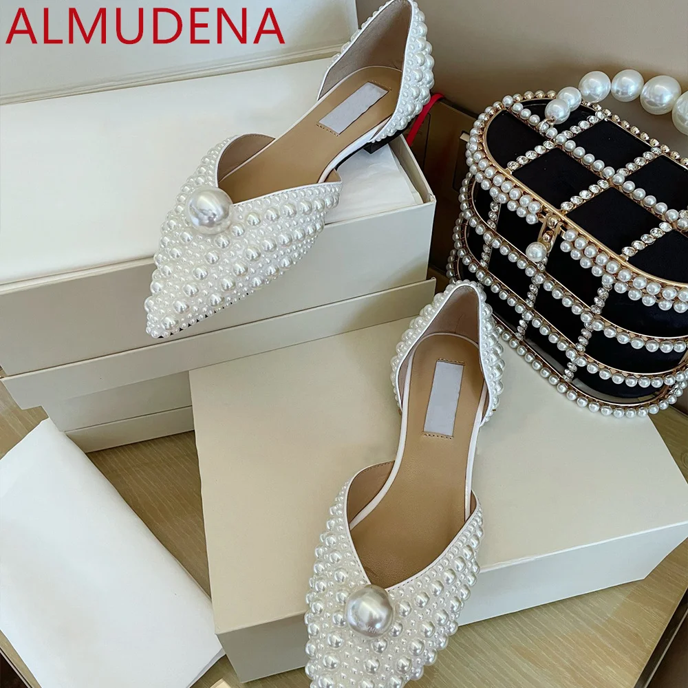 Pointed Toe Women D'orsay Flats Full Pearl Shoes Elegance Dress Adult Summer Genuine Leather Sheepskin Shoe Outside Slip On Flat