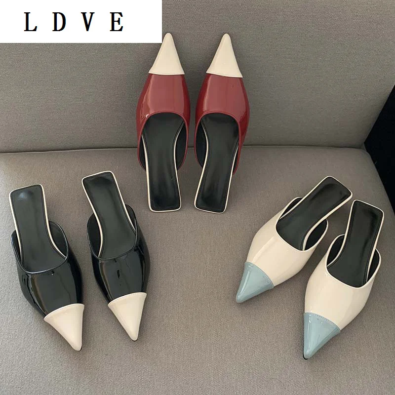 

Мюли женские из лакированной кожи, модные уличные тапочки на среднем каблуке, заостренный носок, без застежки, разноцветные, на лето