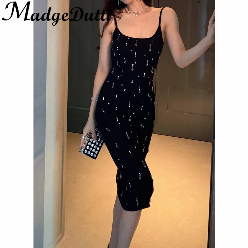 

11.21 MadgeDutti Autumn Winter New Heavy Industry Bling Bling Diamonds Beading Knitted Suspender Dress Women