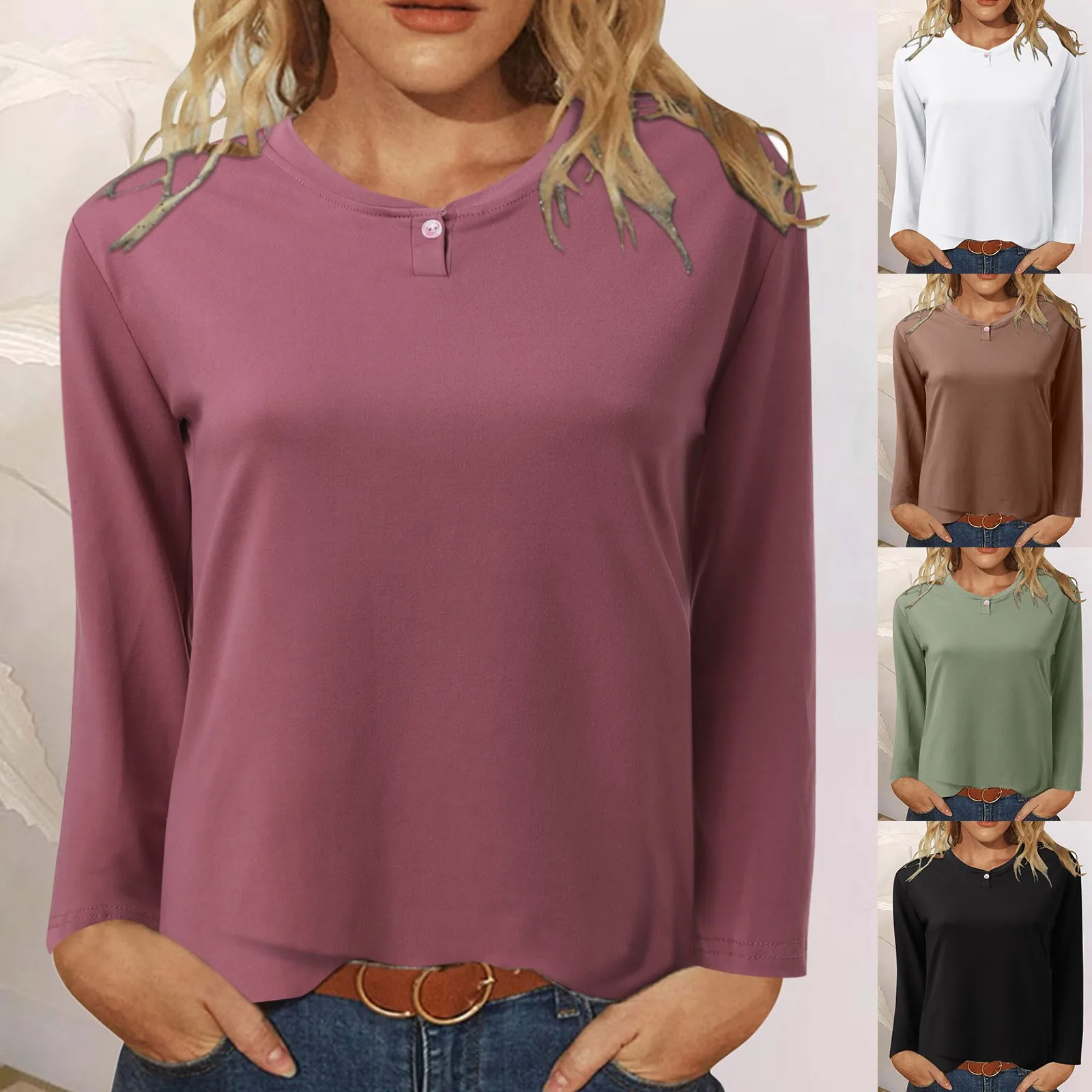 

Women Casual Solid Pullover Shirt Round Neck Long Sleeve Button Slim Bottoming Shirt Top Loose T Shirts Long Sleeve Woman Shirts