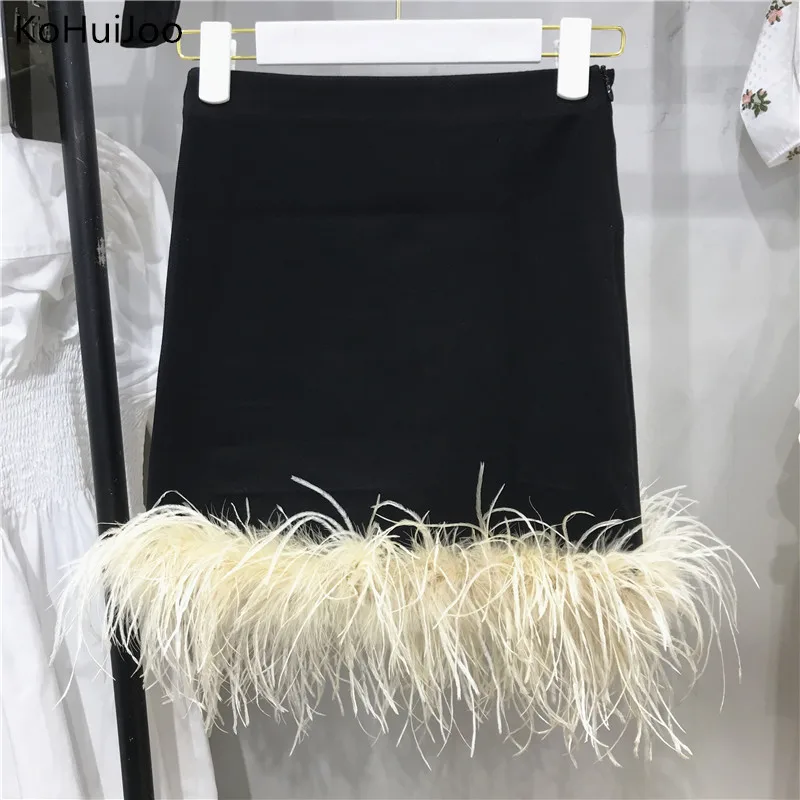 

KoHuiJoo Ostrich Hair Knitted Skirt Women Feathers 2022 Autumn New High Waist Sexy Slim Pencil Skirts Temperament Short Skirt