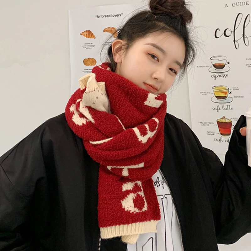 

2023 Winter Women Letter Scarf Girls Thickened Retro Shawls Two-sided Mixed-color Japanese Korean Students Style Warm Sweet