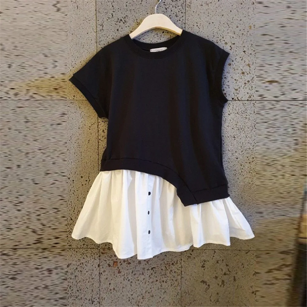 

Женское платье с оборками и круглым вырезом, Асимметричный топ контрастных цветов с короткими рукавами в стиле пэчворк, Корейская версия на...