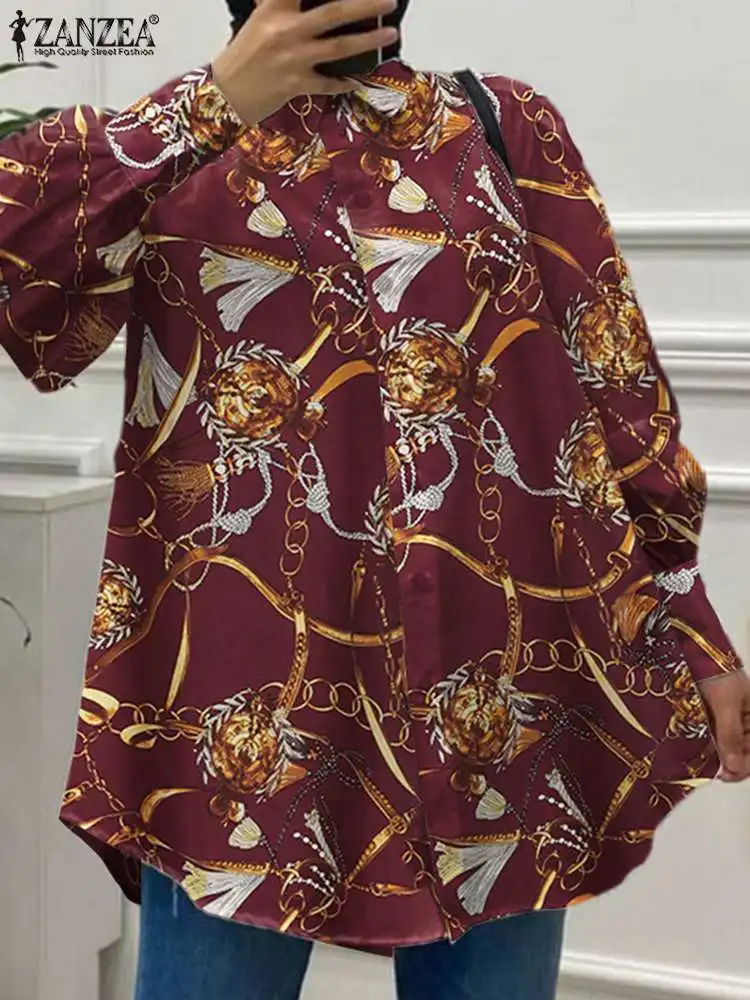 

Oversized Long Sleeve Blouses Women Fashion OL Lapel Tops ZANZEA Vintage Printed Baggy Shirts 2022 Spring Holiday Blusa Feminina