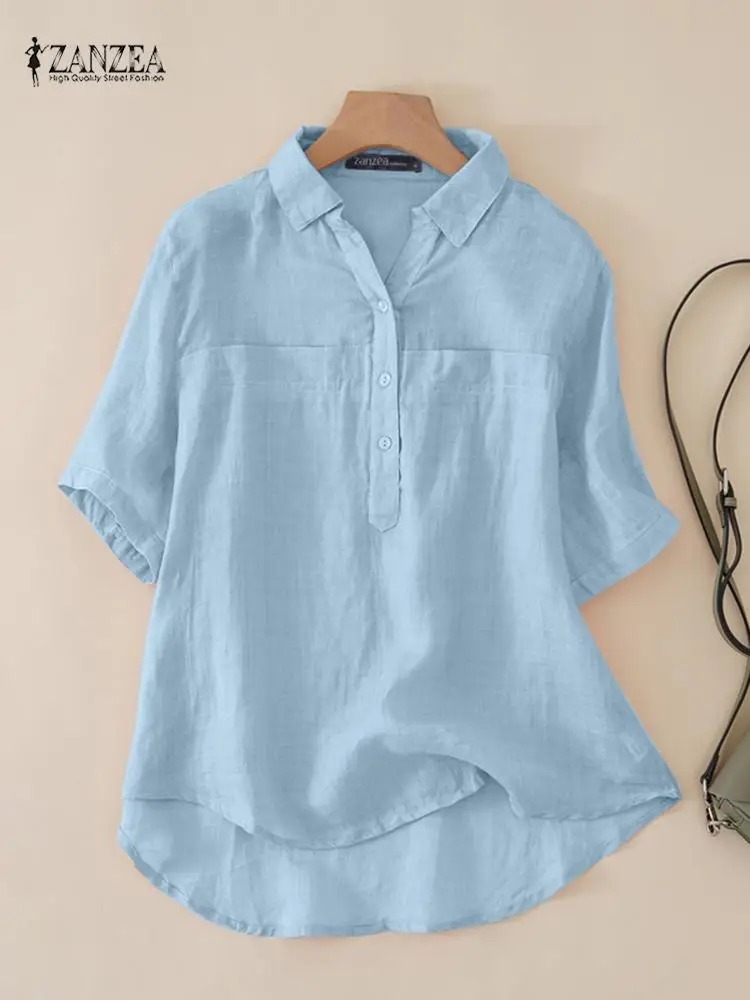 

2022 ZANZEA Summer Women Casual Loose Shirt Fashion Lapel Neck Short Sleeve Blouse Female Cotton Blusas Chemise Solid Tunic Tops