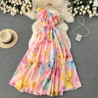 clothland women stylish floral chiffon shirt dress skew collar ruffles bow tie sashes ankle length vestido maxi wa47
