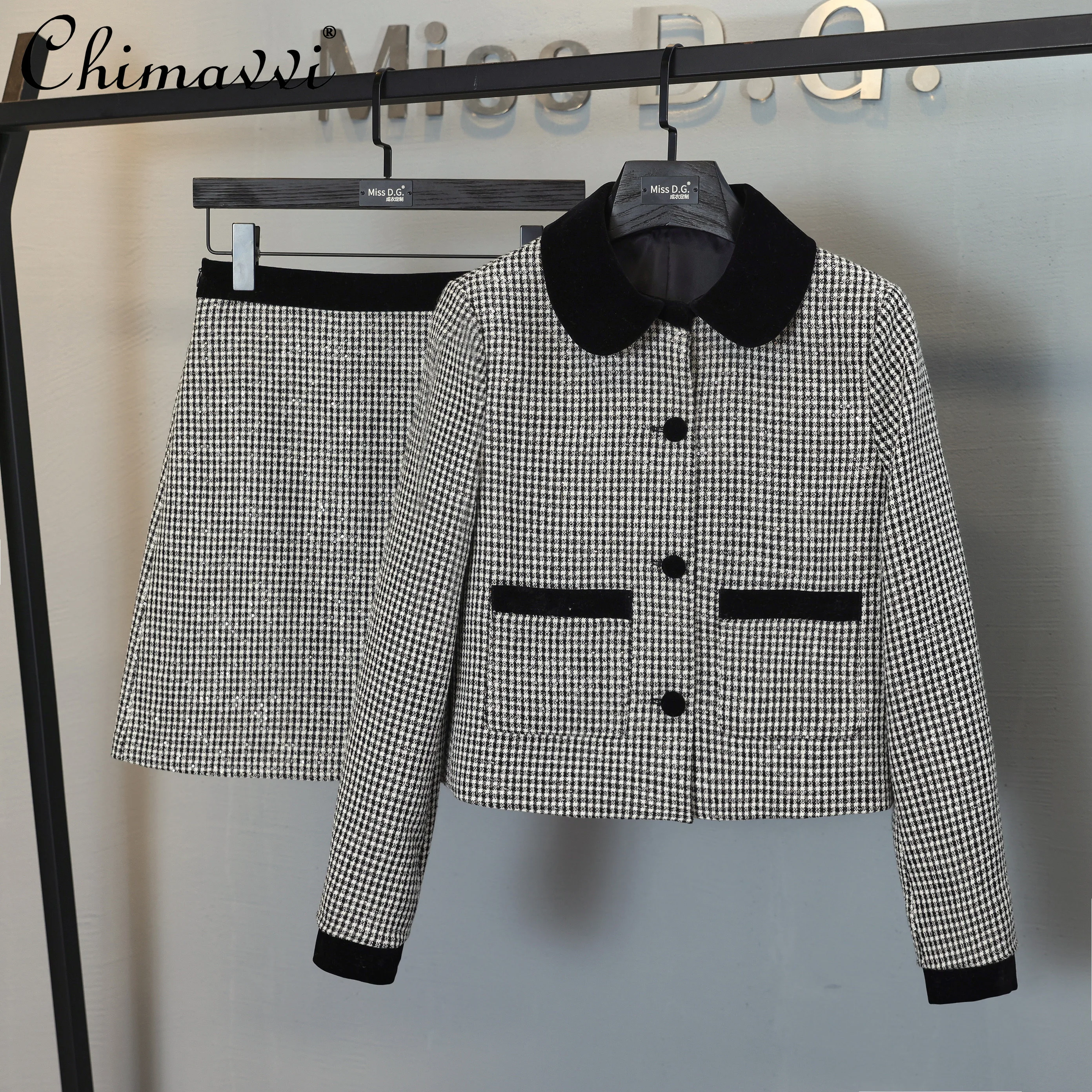 

Luxury Two-Piece Women 2022 Autumn New High Street Long-Sleeved Jacket Slim-Fit Short Skirt Elegant Office Lady Houndstooth Suit