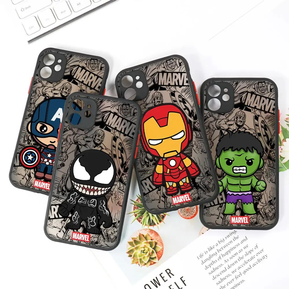 Фото Матовый чехол Marvel с героями мультфильмов для iPhone 17E 17 16 16E 15 14 13 12 11 Pro Max 17 Air 7 8 Plus XR XS, защитный чехол с Веномом, Железным человеком, Халком №1