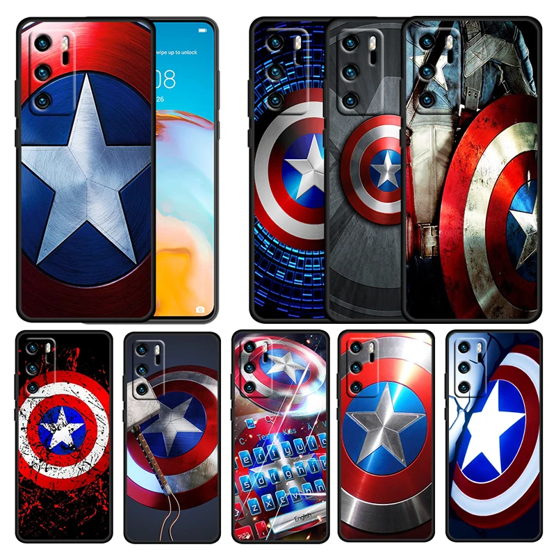 

Captain America shield Marvel For Huawei P50 P20 P30 P40 5G P10 Pro Lite E Plus P9 Lite Mini Silicone Soft Black Phone Case Capa