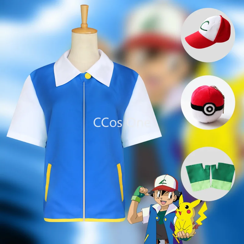 

Ash Ketchum Kostum Cosplay Sarung Tangan Topi Mantel Biru Kostum Halloween Cosplay Anime Bola Poke