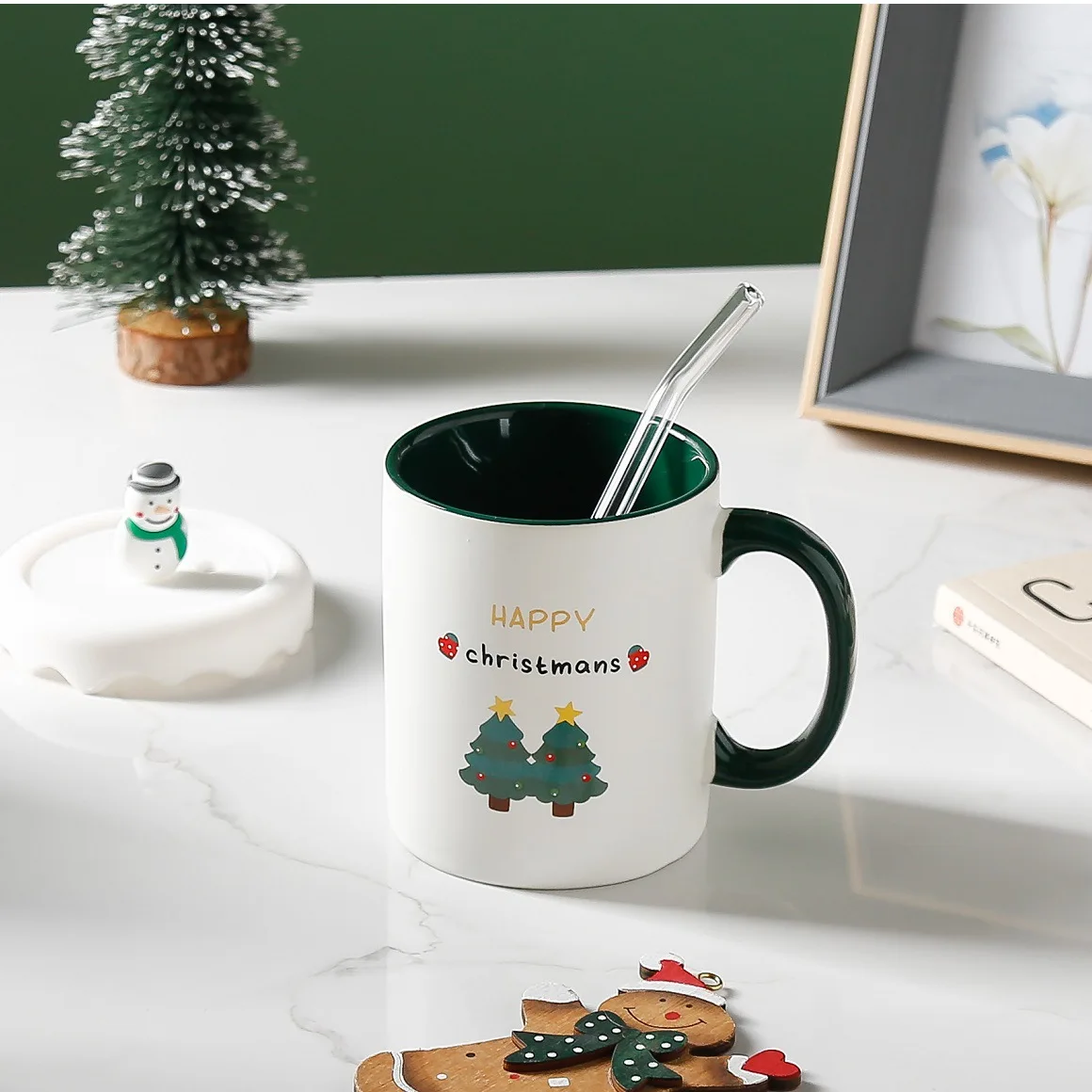 

400ml Christmas Gift Mugs Ceramic Milk Coffee Cup Elk Xmas Cartoon Ceramic Coffee Mugs with Cover and Spoon for Birthday Gifts