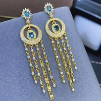 meibapj real 925 sterling silver natural london blue topaz tassels drop earrings fine charm wedding jewelry for women