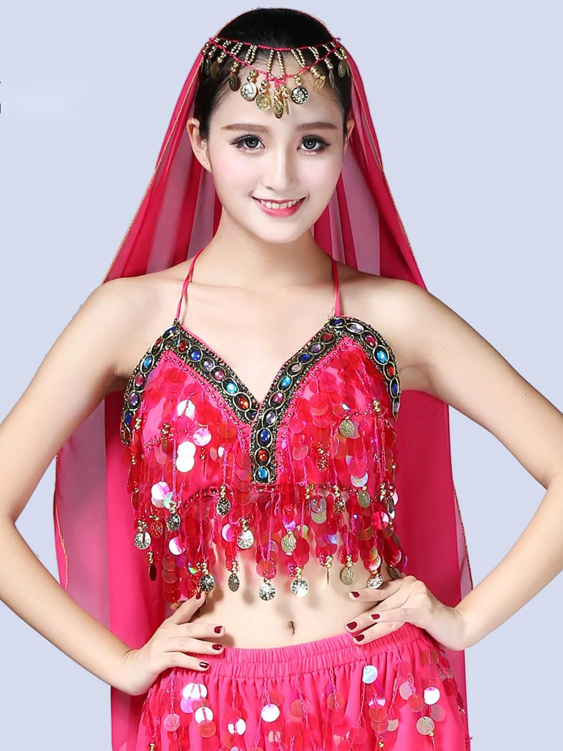

Ballet Dance T-Shirt Performance Bra Indian Dance Top Bellydance Competition Bras Carnival Halter Sequined Fringes Chiffon
