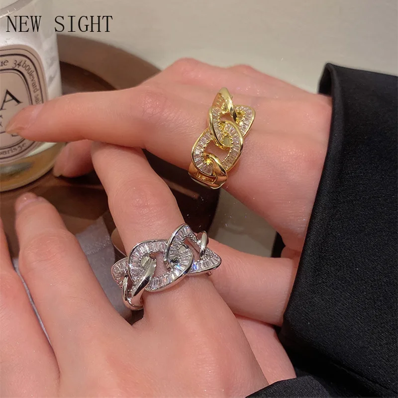

2022 New Gothic Twist link Crystal Opening Rings for Woman Fashion Korean Jewelry Nightclub Party Girl's Unusual Ring