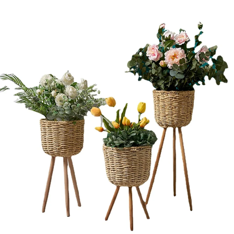 Nordic creative straw woven flower pot indoor plant stand Living room decoration creative plant pot stand decorative tray
